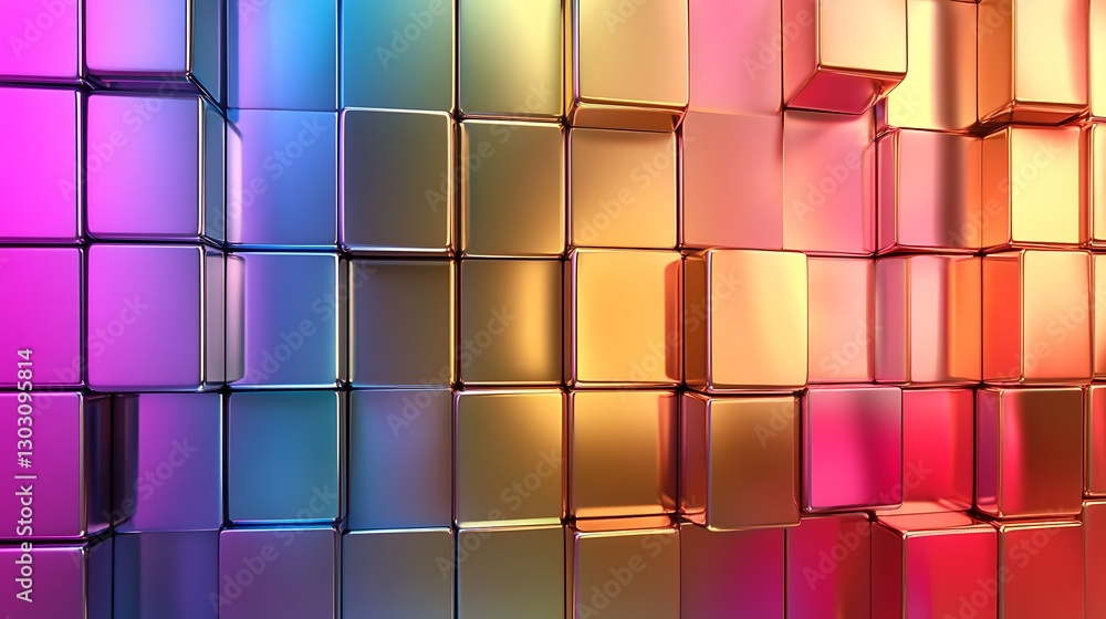 Poster chromatic cubes: a vibrant arrangement of metallic cubes creates a dynamic and eye-catching visual d