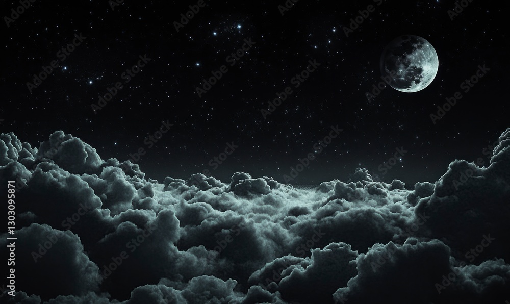 Poster dark night sky with clouds and stars, with the moon visible in the upper right corner. the backgroun