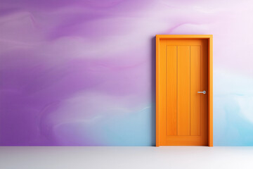 orange door stands against vibrant purple wall, creating striking visual contrast. smooth textures and colors evoke sense of modern design and creativity