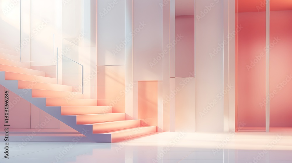 Poster ascending light: a minimalist staircase bathed in soft sunlight, casting gentle shadows and creating