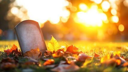 blank tombstone in old cemetery surrounded by colorful autumn leaves, illuminated by warm sunset, evokes sense of tranquility and reflection