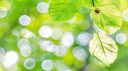 Close-up of a tick on a leaf in a green forest, representing the risk of tick-borne diseases and outdoor health hazards in nature.