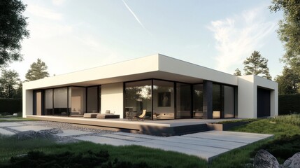 A modern minimalist home exterior with clean geometric lines, a flat roof, and large floor-to-ceiling windows, showcasing its elegant simplicity.