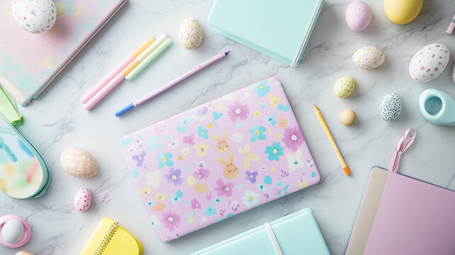 Pastel stationery, notebook, pencils, pens, scissors, ruler, eraser, decor flatlay arrangement - Powered by Adobe