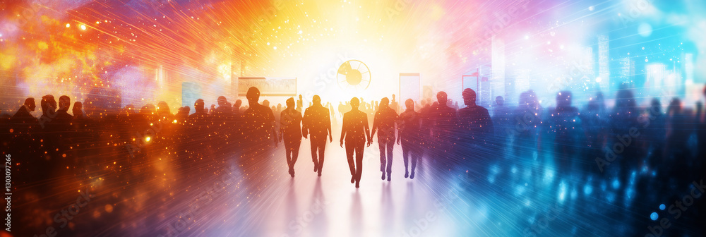 Poster digital art image depicting vibrant crowd of people walking towards bright light, surrounded by colo