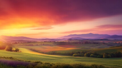 Tuscan Sunrise: A breathtaking panorama of rolling hills bathed in the warm glow of the rising sun, painting the landscape in vibrant hues of orange, pink, and purple.