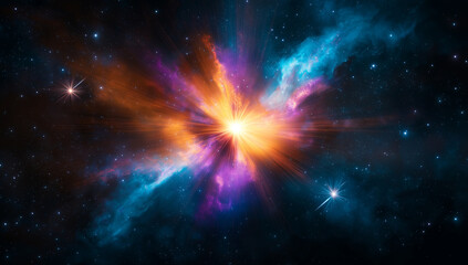 Fototapeta premium cosmic explosion of light and energy fills universe with vibrant colors, showcasing stunning display of celestial phenomena. scene evokes sense of wonder and awe