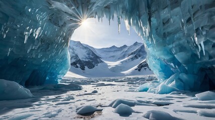 Sunlit ice cave entrance