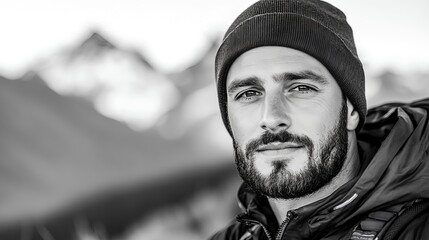 Black And White Portrait Of Man With Beard In Mountains