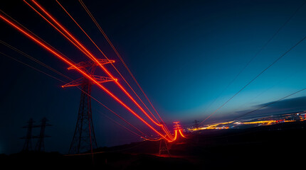 Futuristic Power Lines: Illuminated Energy Grid, electricity transmission, energy grid, high voltage, electrical infrastructure,technology in energy.