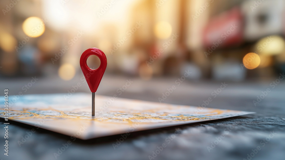 Poster map with red location pin highlighting specific area, symbolizing navigation and exploration. blurre