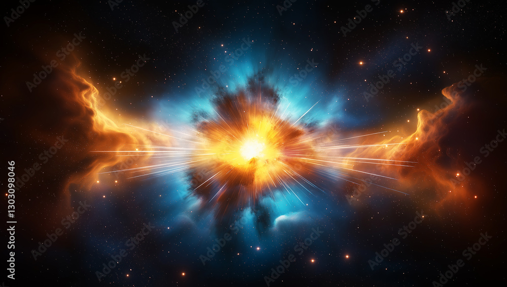 Poster massive stellar explosion in deep space, showcasing vibrant colors and dynamic energy. cosmic event 
