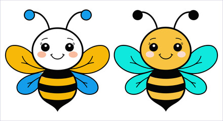 Obraz premium Two cute bees with colorful wings and big smiling eyes vector art. Cute happy bee character vector design. Cute cartoon bumblebee vector illustration