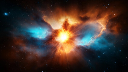Fototapeta premium massive stellar explosion in deep space, showcasing vibrant colors and cosmic energy. scene captures beauty and power of universe, with radiant bursts and swirling clouds
