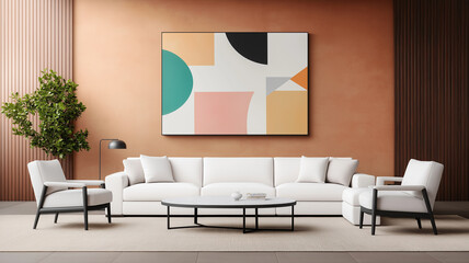 modern living room featuring white sectional sofa, minimalist decor, and large abstract painting on terracotta walls. space exudes calm and inviting atmosphere