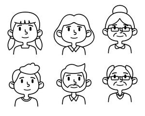 Linear avatars of people of different ages. Avatars of girl, woman, grandmother. Avatars of boy, man, grandfather