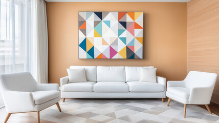 modern living room featuring terracotta walls, white sofa, and geometric artwork. space is bright and inviting, with stylish armchairs and patterned rug enhancing contemporary design