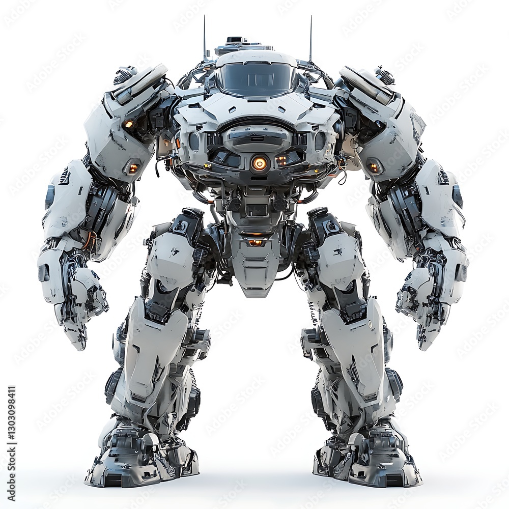Poster robot sentinel: a massive, state-of-the-art robot, poised and ready for action, its advanced design 