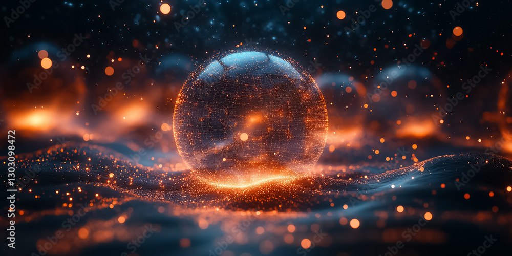 Poster a mesmerizing spherical structure reveals shifting patterns of data matrices, pulsating with vibrant