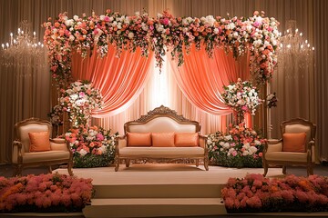 Elegant wedding stage decor, ballroom setting