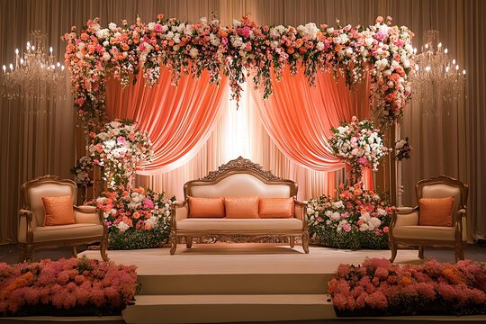 Elegant wedding stage decor, ballroom setting