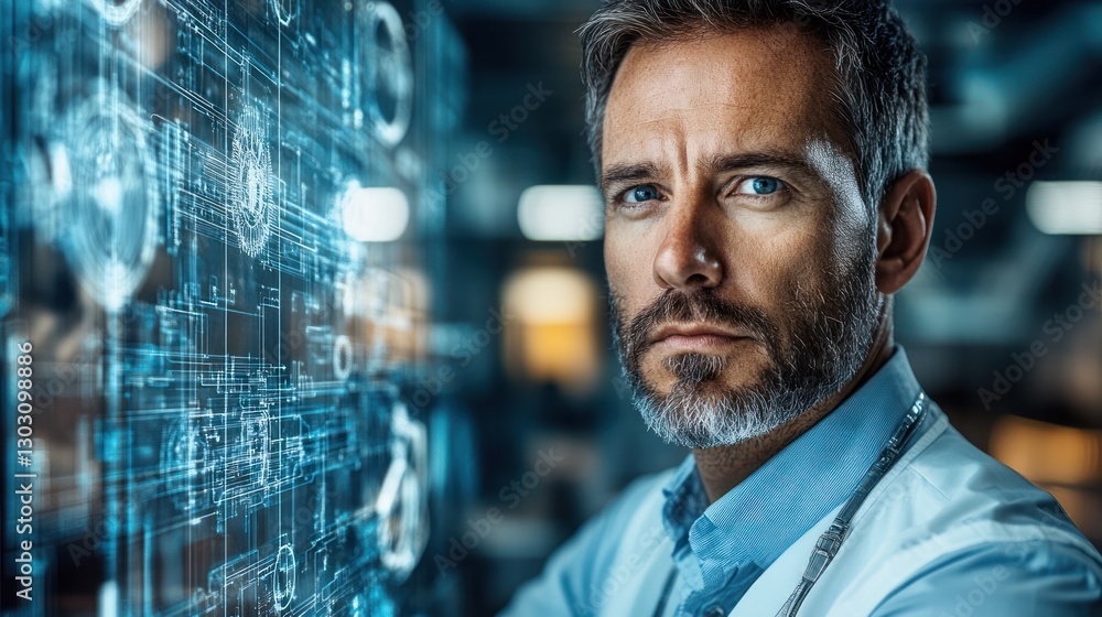 Poster focused man in front of a digital interface.