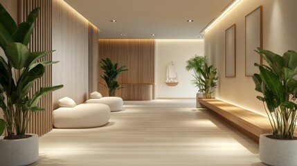 Fototapeta premium A serene wellness center hall with calming neutral tones, indoor plants, and soft ambient lighting, creating a peaceful and relaxing environment.