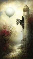 Fototapeta premium A mystical landscape featuring a tower and a horse, evoking mystery.