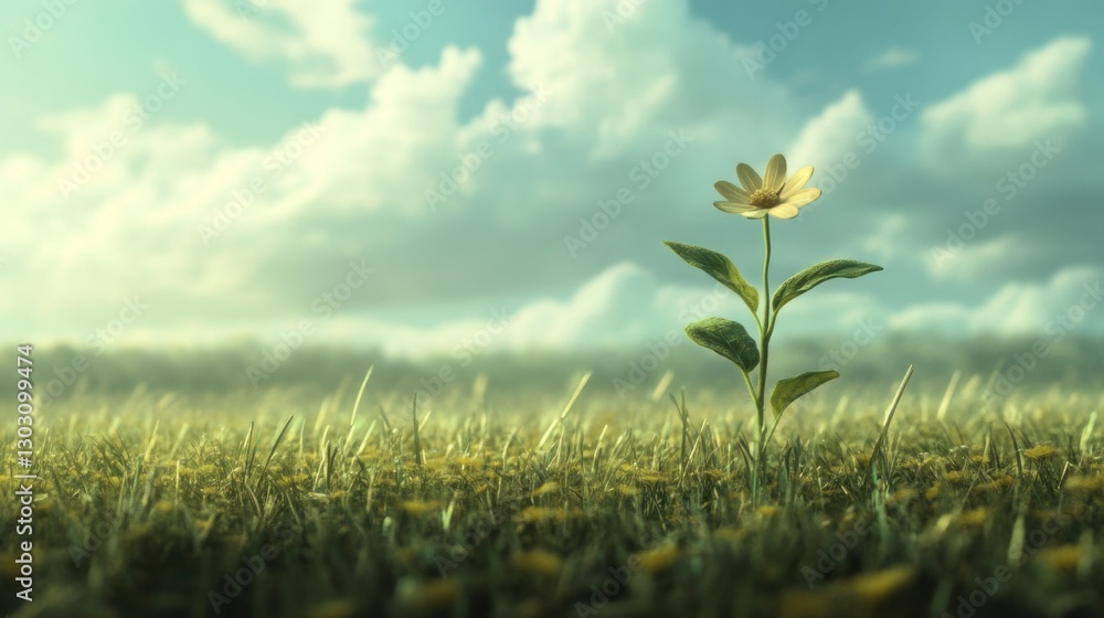Poster a single seedling growing in the middle of a vast field, representing strength and perseverance.