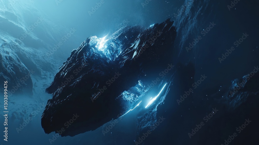 Aufkleber a futuristic object illuminated in an underwater environment, suggesting advanced technology.
