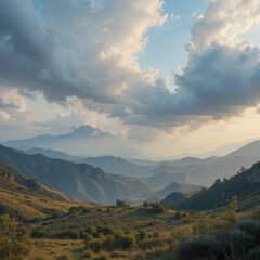mountain landscape with cloud, sky, valley, hill, grass, field, sunlight, and tree under dramatic cloudy sky and warming sunlight in peaceful morning