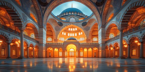  Interior of Grand Mosque with High Arches, Intricate Details, and Glowing Lights