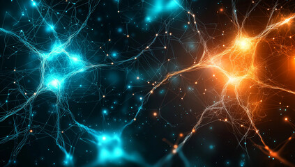 Naklejka premium Abstract background with network of glowing lines and nodes in blue and orange, representing neural connections and data flow. vibrant colors create dynamic and engaging visual experience