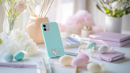 Colorful pastel decor with smartphone on spring home interior table for Easter celebration