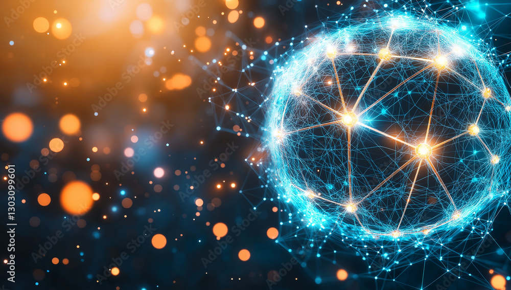 Poster glowing network sphere with interconnected lines and nodes, set against blurred background of orange
