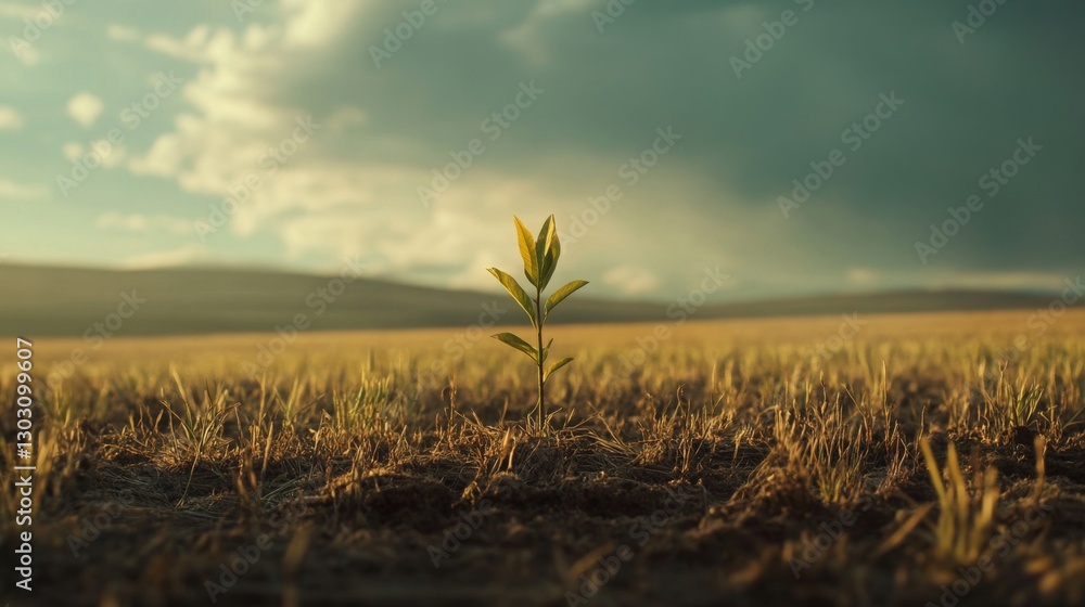 Poster a single seedling growing in the middle of a vast field, representing strength and perseverance.