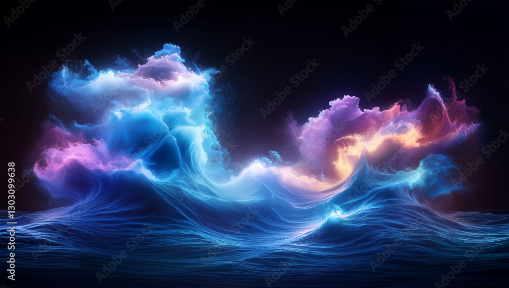 Poster vibrant abstract ocean waves with glowing blue and pink hues, creating mesmerizing visual effect. dy