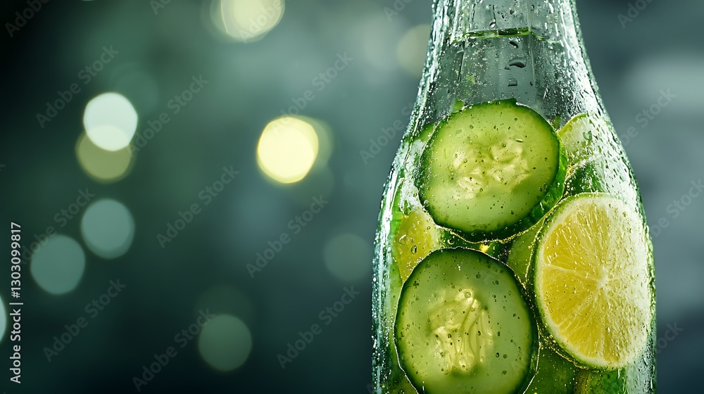Poster invigorating elixir: a close-up view of a refreshing infused water drink, with slices of cucumber an
