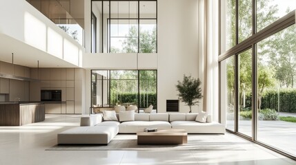 Fototapeta premium A spacious modern living hall with high ceilings, large windows, and minimalist furniture. Soft natural light fills the space, creating a cozy yet elegant atmosphere.