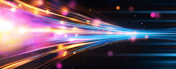 Vibrant abstract digital background with colorful glowing lines and particles, creating sense of motion and energy. Perfect for technology and design themes