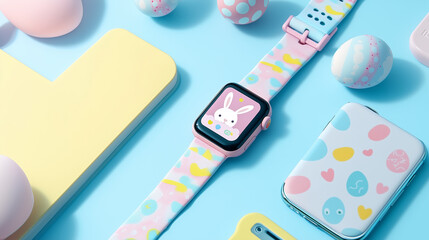 Colorful smartwatch with digital technology accessories on pastel background
