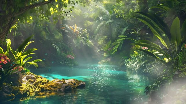 Tropical rainforest pool with shimmering water and sunlight filtering through dense foliage, seamless looping 4k time-lapse video animation background 