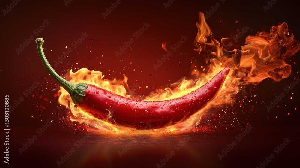 Poster a bright red chili pepper is engulfed in dynamic flames, creating an intense display against a fiery