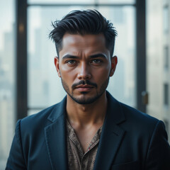 Obraz premium Serious man in suit jacket standing indoor with building in background, portrait of professional worker with calm face and look to camera with confident