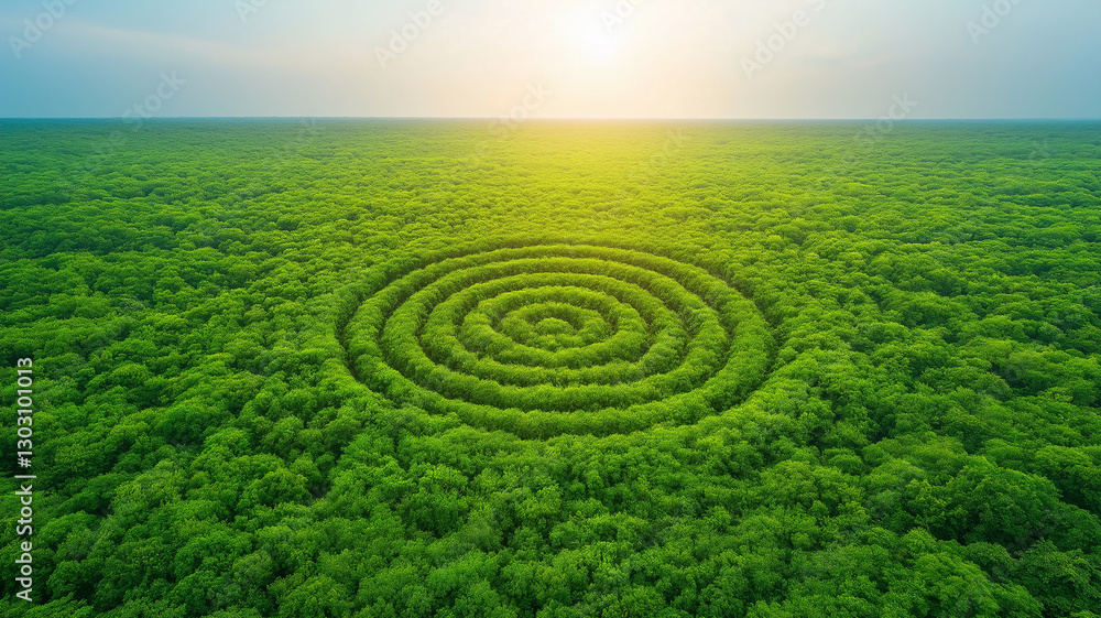 Poster aerial view of lush green forest featuring spiral pattern in trees, creating serene and captivating 