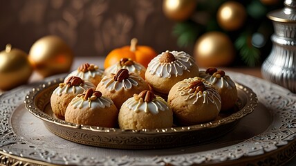 Festive food arrangement with maamoul cookies and nuts on a decorative tray