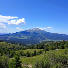 Obraz premium Beautiful landscape of majestic mountain under bright blue sky with white clouds, evoking sense of awe and tranquility