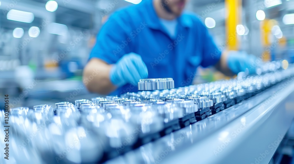 Poster assembler focused on conveyor line, expertly assembling intricate components in a dynamic manufactur