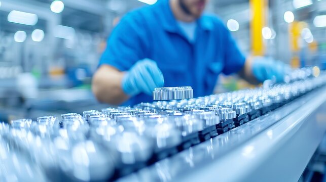 Assembler Focused on Conveyor Line, expertly assembling intricate components in a dynamic manufacturing environment, surrounded by machinery and organized workstations.