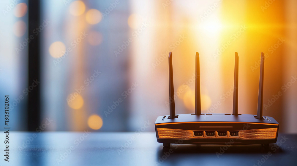 Poster modern wireless router with multiple antennas, placed on table, illuminated by warm sunlight. background features blurred cityscape, creating cozy atmosphere